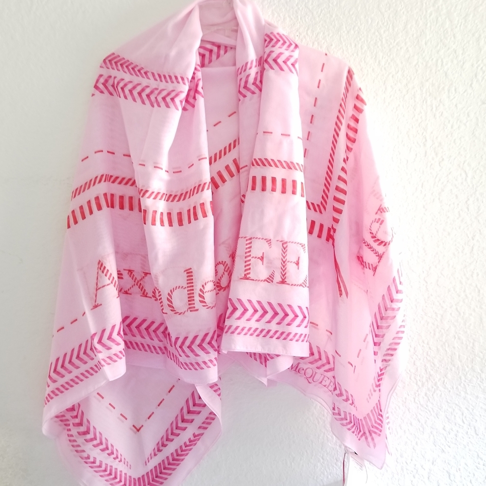 Alexander McQueen Logo XL Whipstitch Cotton & Silk Rectangular Scarf Pink - Picture 2 of 9